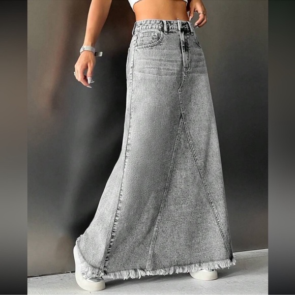 Boho Light Grey Raw Hem Jean Denim Pockets Maxi Skirt XS S M L - Picture 3 of 4